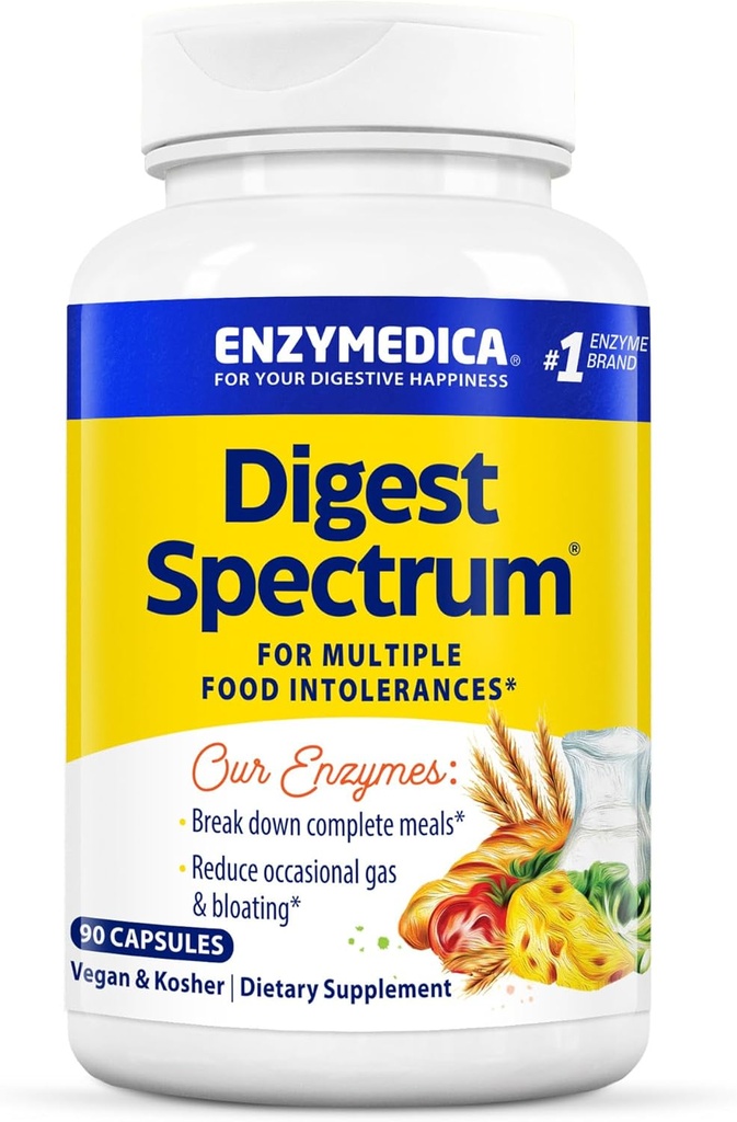 Enzymedica Digest Spectrum, Advanced Digestive Enzymes za ženske in moške, podpira prebavljanje in več prehranskih intolerance, hitro delujoča formula za plin in napihnjenost, 90 kapsul FFP