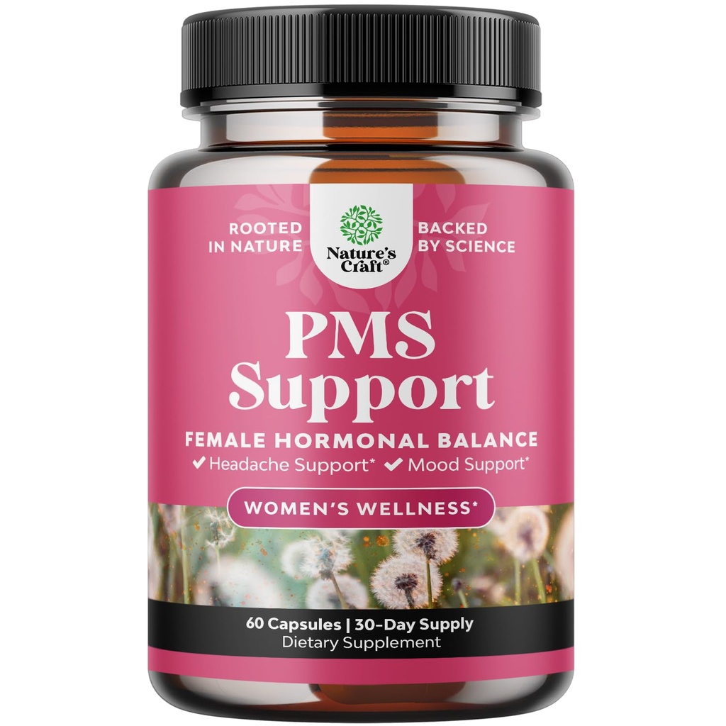 PMS podpora dodatek za ženske – Hormonsko ravnovesje za ženske & Menstrualno nelagodje z DIM, Chasteberry, Black Cohosh & Ashwagandha - za obdobje Cramps Ease, Menopause Bloating, Mood Swing – 60 Ct
