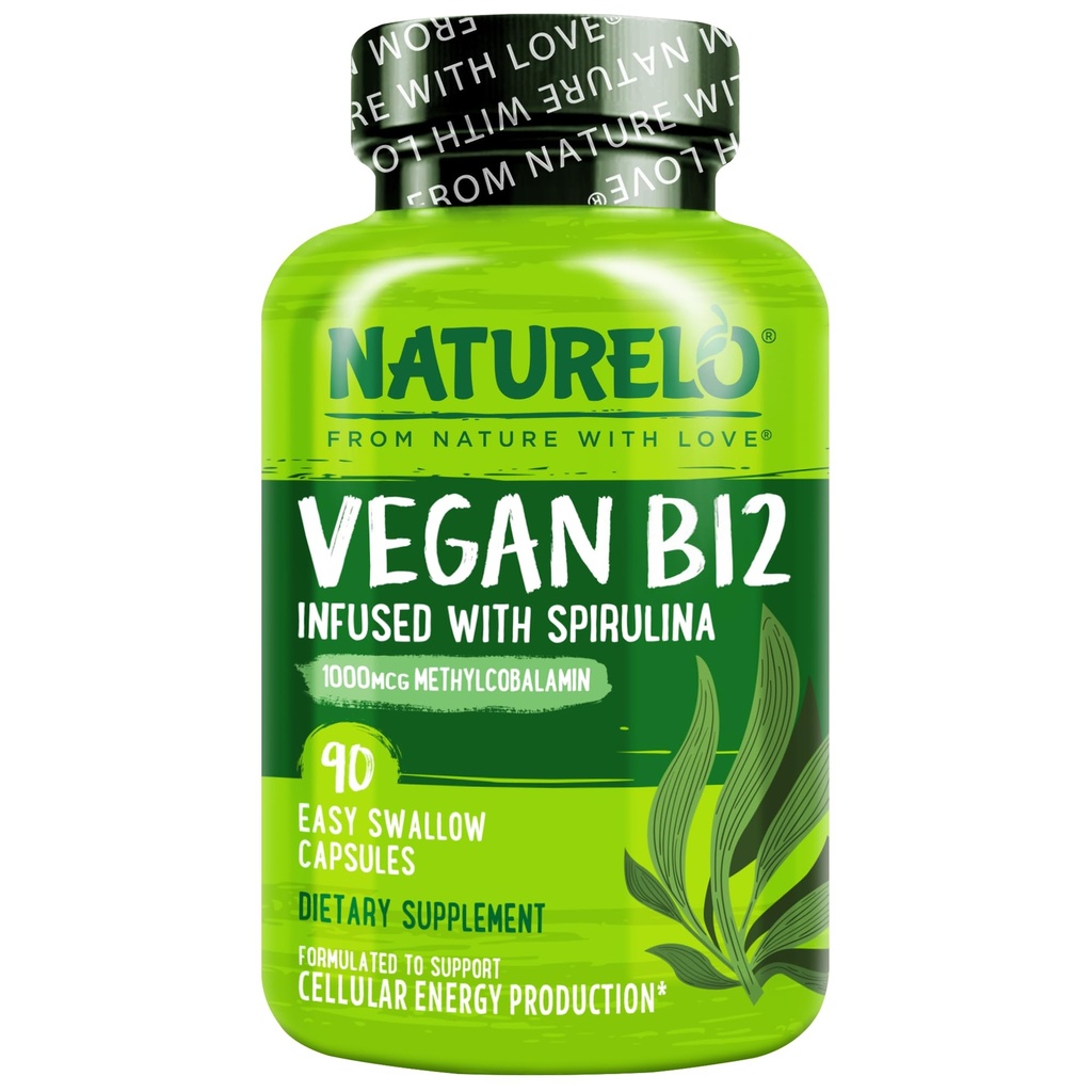 NATURELO Vegan B12 - metil B12 z organskim Spirulina - vitamin visoke jakosti B12 1000 μg metilkobalamin - podpira zdravo razpoloženje, energijo, zdravje srca in oči - 90 kapsul