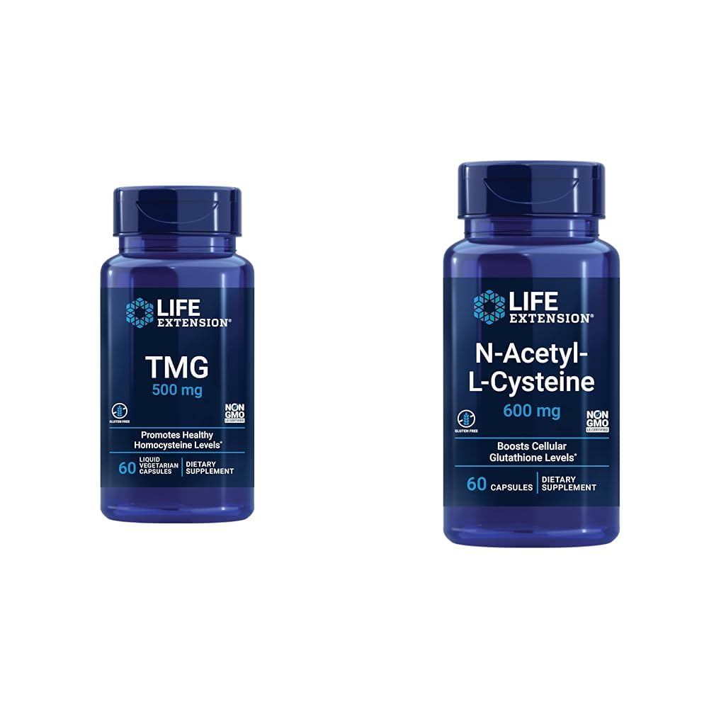 Life Extension TMG 500 mg – dodatek trimetilglicin – spodbuja zdrave ravni homocisteina in N-acetil-L-cisteina (NAC), imunskega sistema, dihal, zdravja jeter, NAC 600 mg