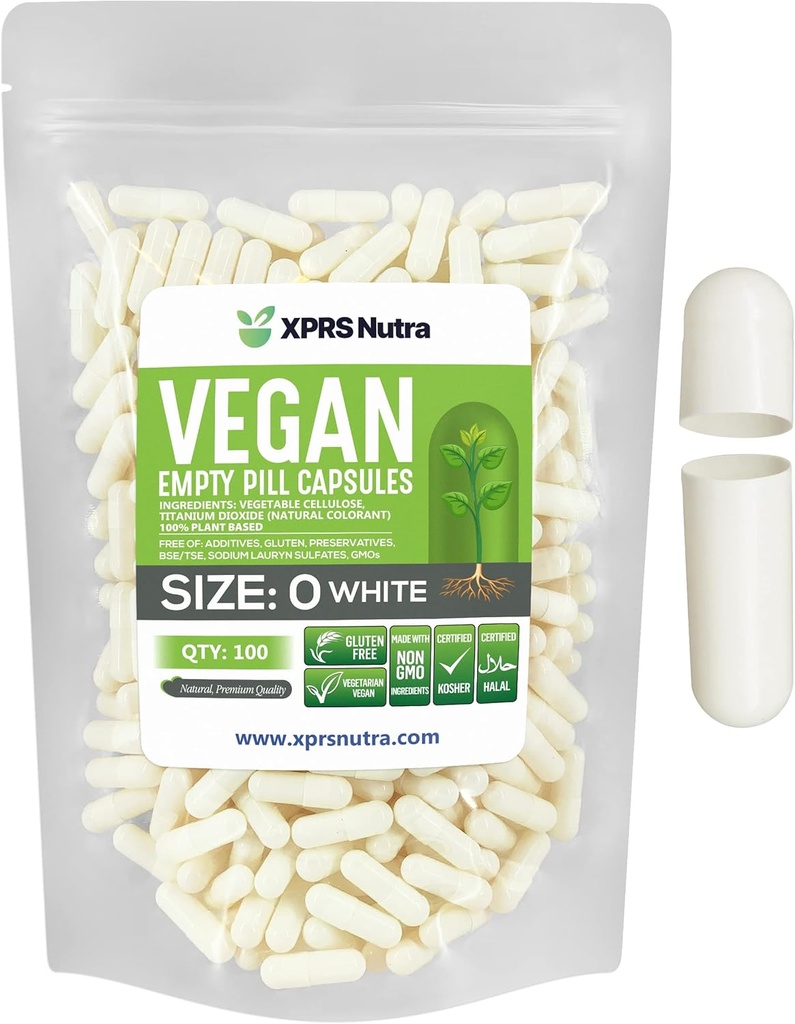 XPRS Nutra Size 0 Prazne kapsule - 100 Štetje Prazne Veganske kapsule - Vegetarijanske tablete - DIY Zelenjavna kapsula Polnjenje - Veggie Pills za Do-it-Yourself Supplements (bela)