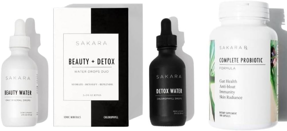 Sakara Beauty Water + Detox vodne kapljice in popolni probiotiki - Trace mineralne kapljice in klorofil tekoče kapljice, probiotiki za ženske prebavni zdravje