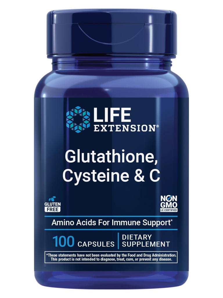Življenjski podaljšek Glutation, Cystein & C, 500 mg vitamina C, močan antioksidant dodatek za podporo zdravja jeter, Gluten-free, ne-GMO, 100 kapsul