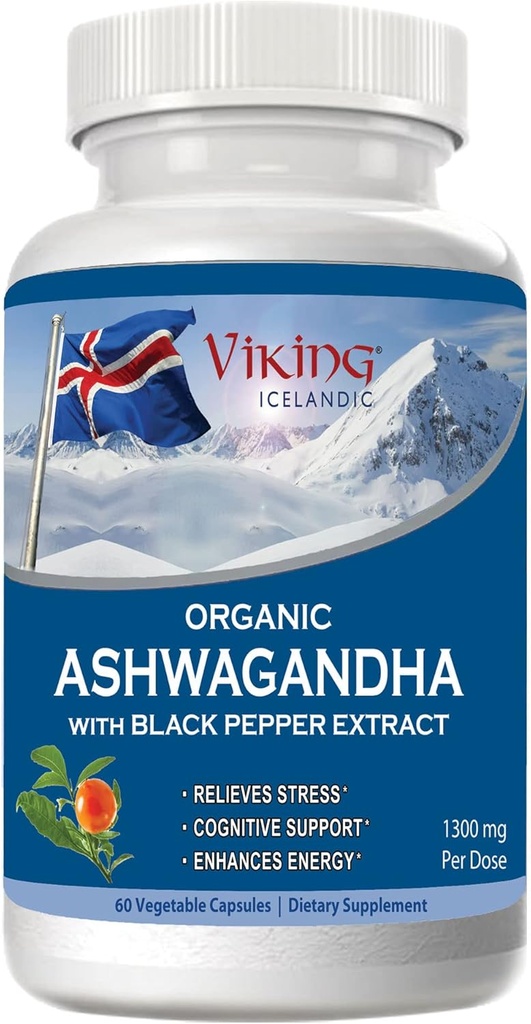 Viking Organic Ashwagandha s črnim poprom ekstrakt islandski. 60 Veganske kapsule - Največja absorpcija za stres, Mood & Energy Support