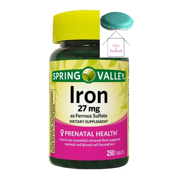 Železo Spring Valley kot tablete Ferrous Sulfate prehranska dopolnila, 27 mg, 250 Število + 1 Mini tablete vsebnik (barvne)