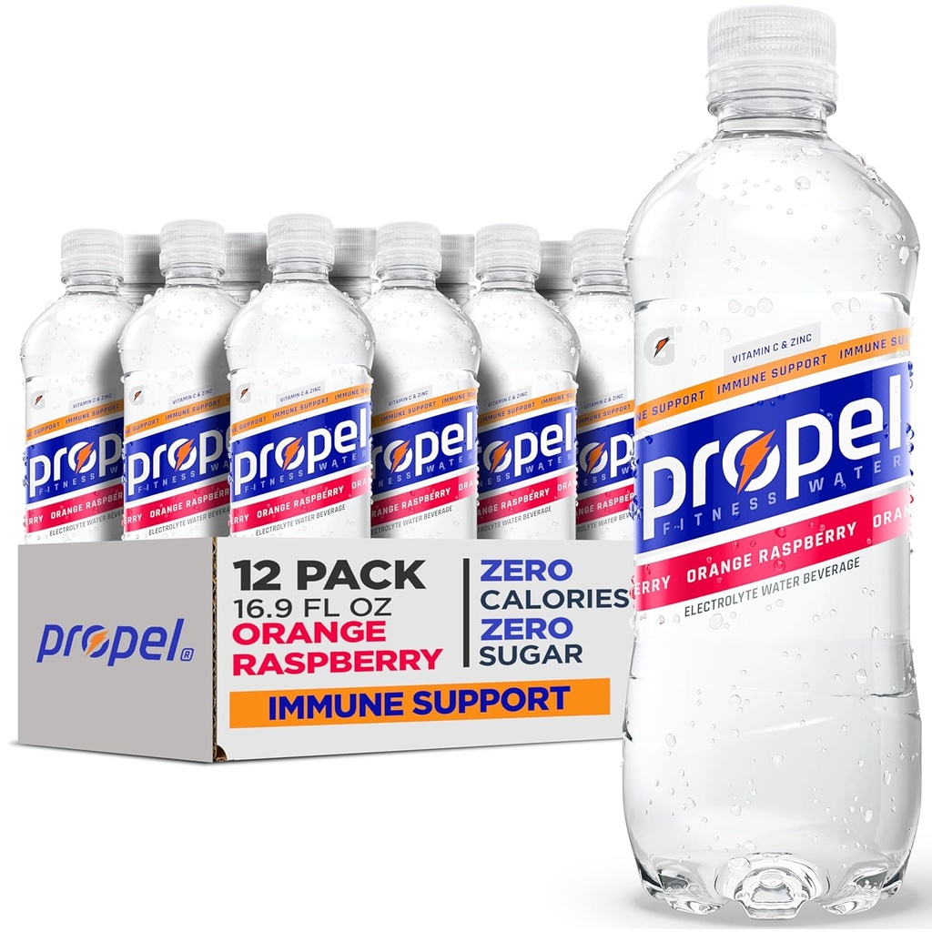 Propel Imunska podpora Elektrolitski Izboljšane vode Sports Drink, Orange Raspberry Okus vode, 100% DV Vitamin C + cink, Zero Calorie & Zero Sugar Hidracija z elektroliti in vitamini, 24 fl oz vodne steklenice (12 Pack)
