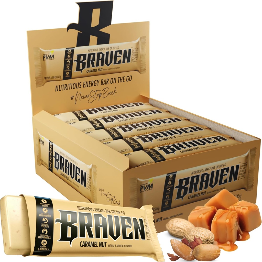 Braven Bar Karamel Nut Energy Bars (1.59 oz, paket 20) – Energijski žveči s 5g proteini – On-the-Go Energy Prigrizki za tek, pohodništvo in šport - Gluten brezplačni prigrizki za trajno povečanje energije