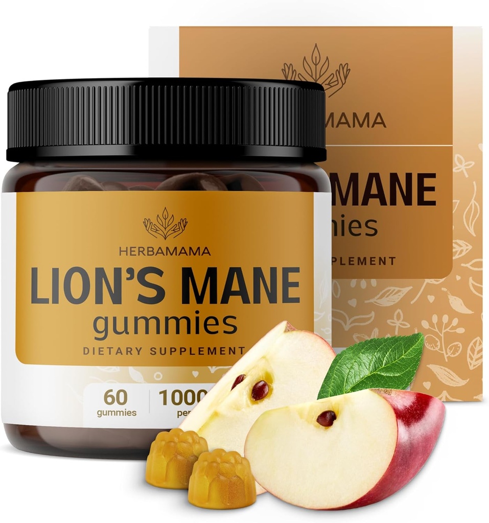 HERBAMA Lion's Mane Gummies - 1000mg Lion's Mane Gobe za podporo možganske čistosti - Veganski, ne-GMO Fokus dodatek za odrasle - 60 pektin na bazi jabolčno obarvanih žvečil
