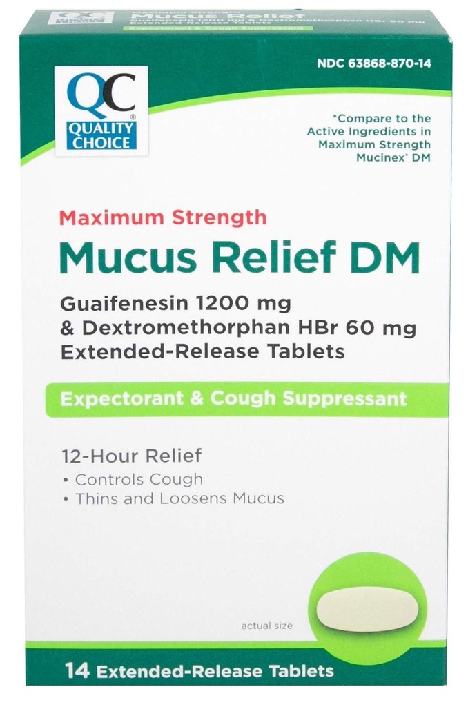 Izbor kakovosti Največja moč Mukus Relief DM, Cough Supressant in pričakovano, 12 ur Relief, Guaifensin 1200 mg in Dekstrometorfan HBr 60 mg Razširjene sprosti tablete, 14 Število