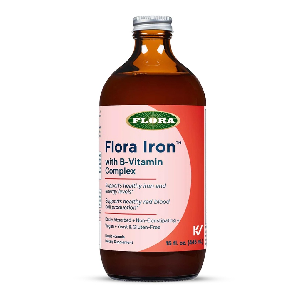 Flora Iron with B-Vitamin Complex - Helps Maintain Healthy Iron Levels - Non-Constipating, Highly Absorbable - Vitamin-B & Liquid Iron - Vegan Supplement - Yeast & Gluten Free, 15-oz. Glass Bottle