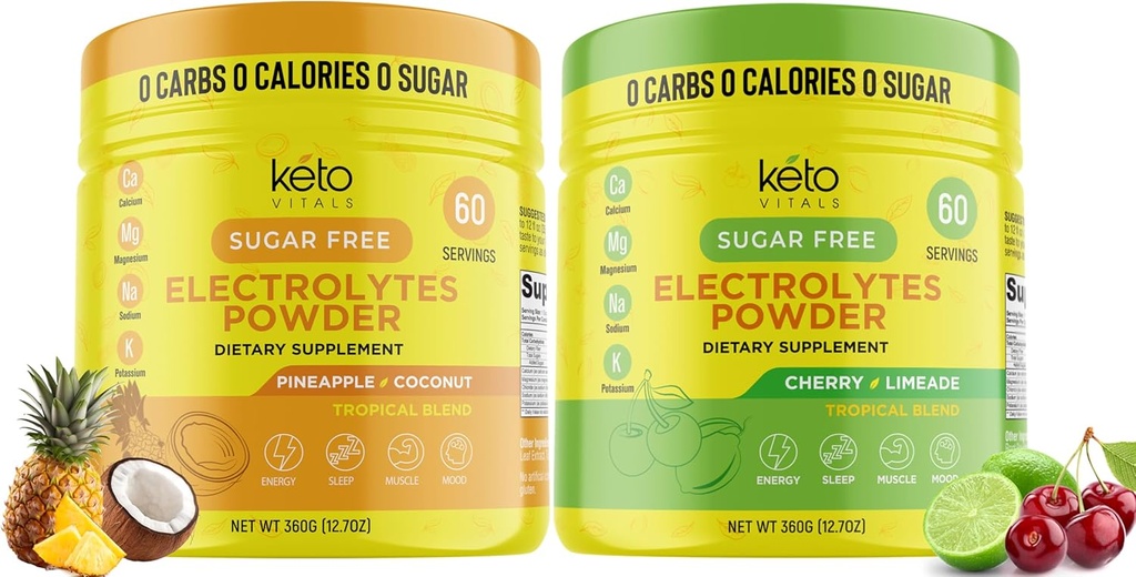Keto Vitals Ananappale Kokos Bundle s Cherry Limeade - 2 Pack Bundle Keto Elektroliti v prahu - Elektroliti s kalijem, magnezijem, natrijem, kalcij - Pinneapple Coconut & Cherry Limeade