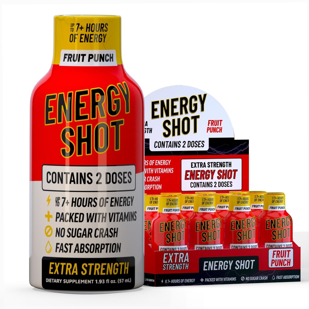 Sadje Punch Dodatna moč Energija Shot 12 pk – 260mg Naravni kofein B12 B6 – Energija in fokus Podpora – 2 Servisi Sugar Free Zero Calorie Green Tea B-Vitamini Elektroliti Vegan – 1,93 fl oz
