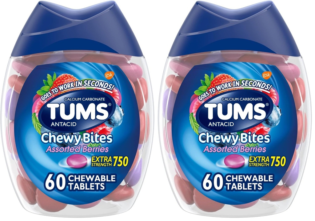 TUMS Chewy Bites Antacid tablete za žvečljivo zgago Relief in kisle prebavne motnje, Razvrščene jagode - 60 Število (Pack of 2)