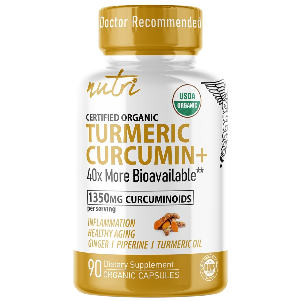Nature's Fusions Nutri Organic Turmeric Supplement 1425mg - 40x Več Biorazpoložljivi - 95% kurkuminoidi - Kurkumin s črnim poprom, ingver & kurkuma olje - dodatek