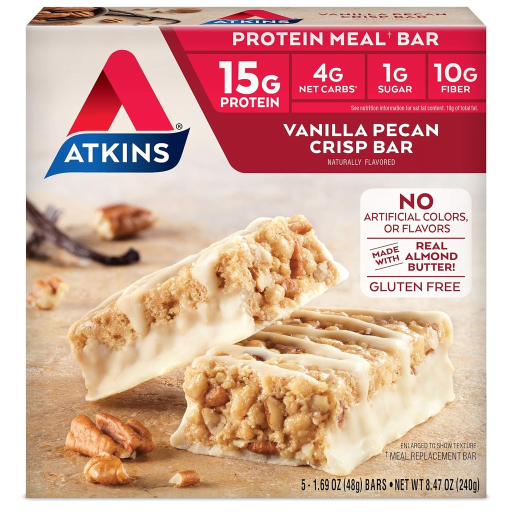 Atkins Vanilla Pecan Crisp Protein Meal Bar, High Fiber, 1g sladkor, 4g Net Carb Meal zamenjava, Keto prijazno, 5 Število