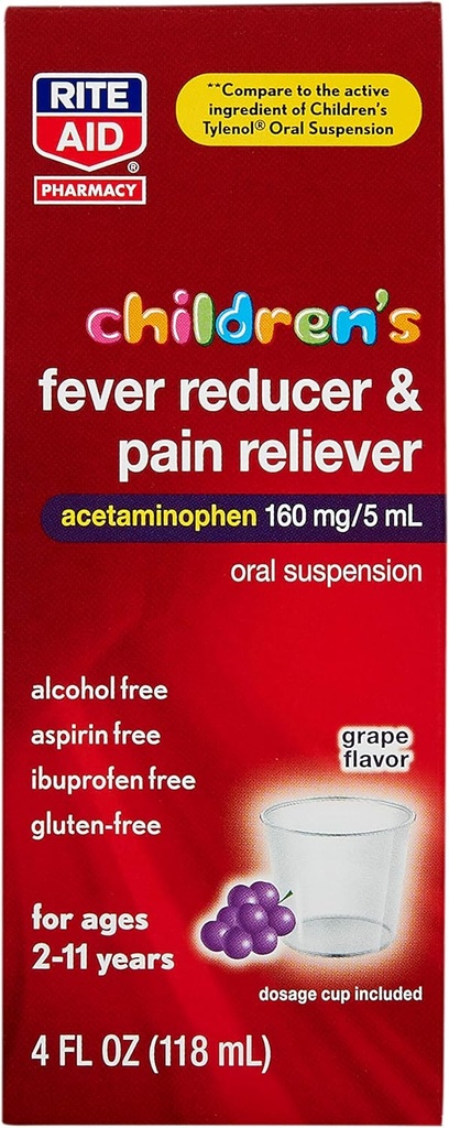 Rite Aid Otroški acetataminofen, grozdne arome, 160 mg - 4 fl oz 