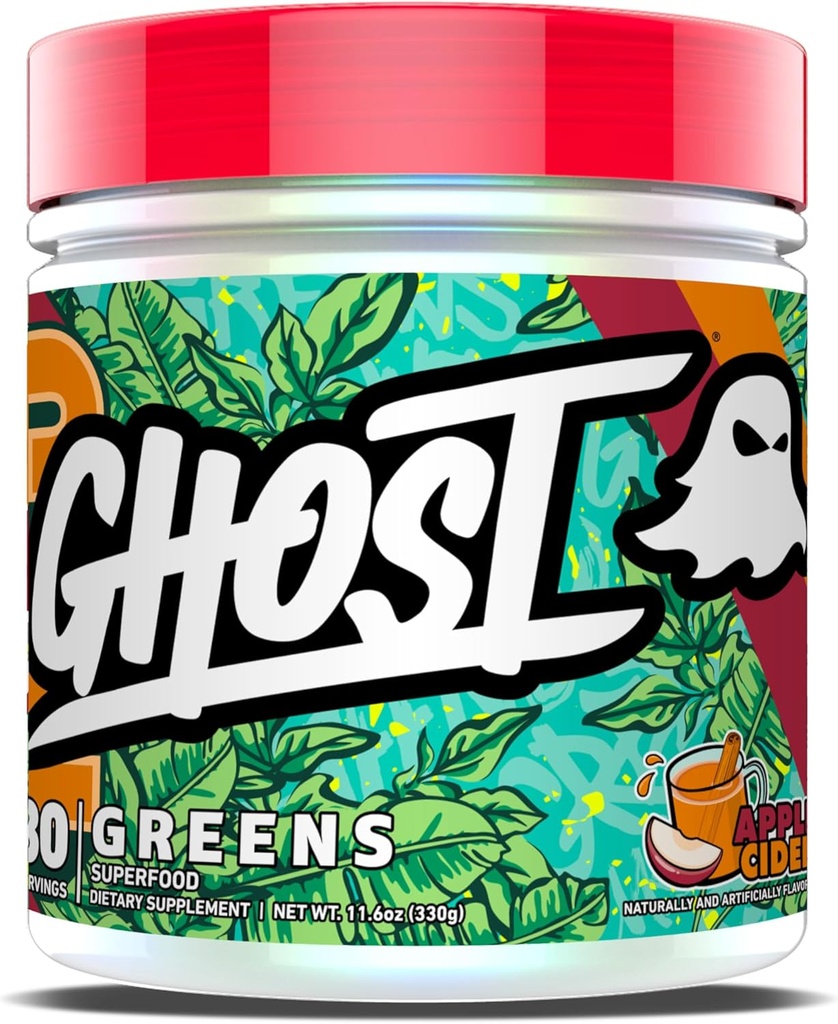 GHOST Greens Powder, Apple Cider - 30 Servings - 19 Superfood Greens & Reds Powder, sadje, zelenjava, Spirulina, & Klorella, Prebiotiki, 10 milijard CFU Probiotik & Prebavne encimi - Gluten-free