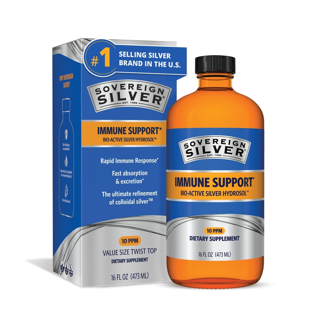 Sovereign Silver Immune Support - Colloidal Silver, Bio-Active Silver Hydrosol, 10 ppm, Liquid Twist Top, 16 Fl Oz, (473 mL)