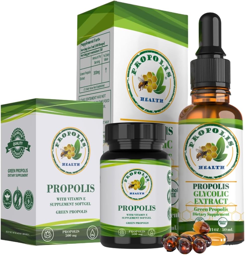Propolis Health Premium Brazilian Green Propolis paket: 1000 mg Kapsule z vitaminom E & Green Propolis Extract Tekoči - 50 dni Kapsula & 30 dni Tekoča zaloga za imuno podporo