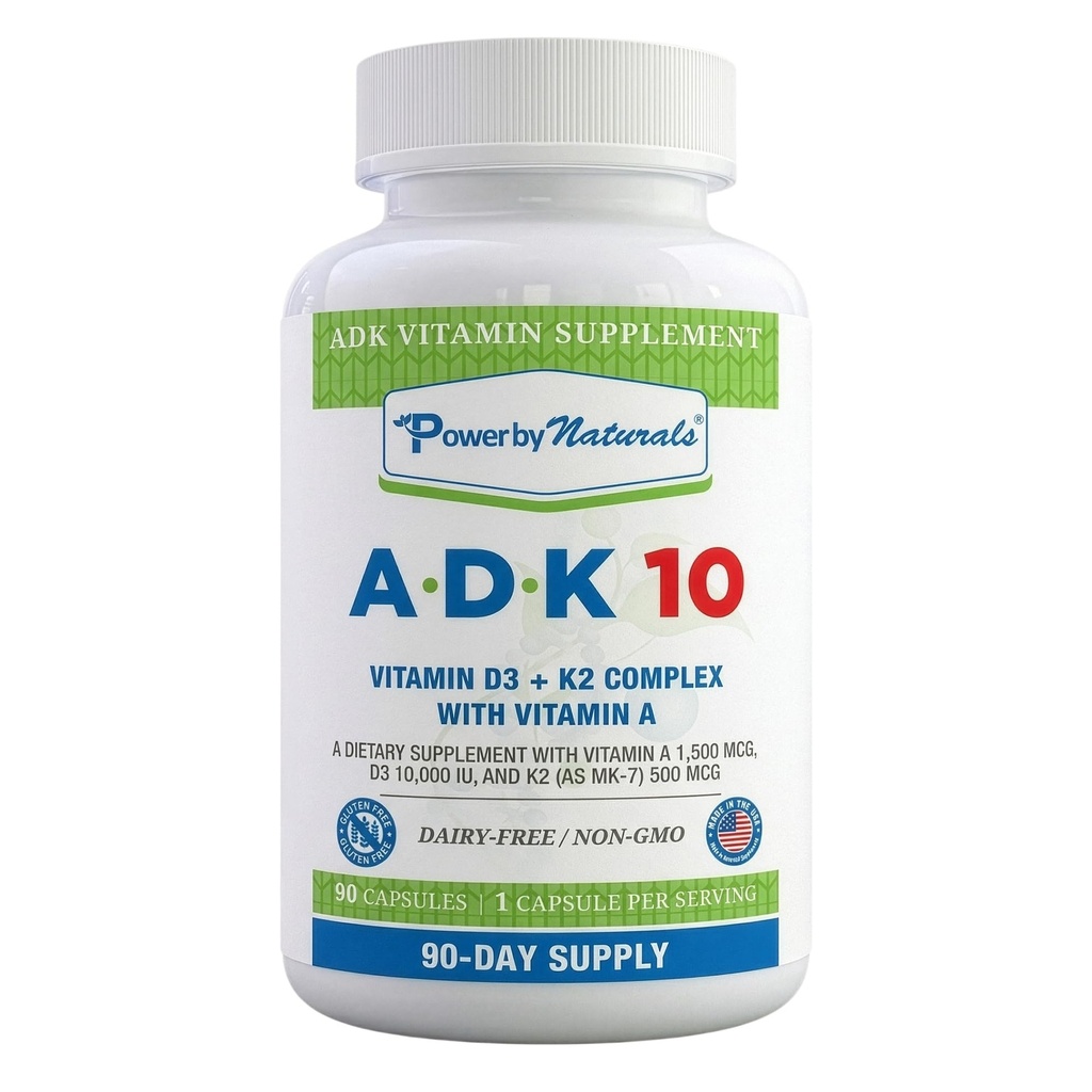 Moč po naravni ADK Vitamin dodatek – ADK 10 Visoka moč z vitamini A, D3 10.000 i.e. & K2 MK7 za Superior Heart, Imuno in zdravje kosti – 90 kapsul, 1 pakiranje (3-mesečna zaloga)