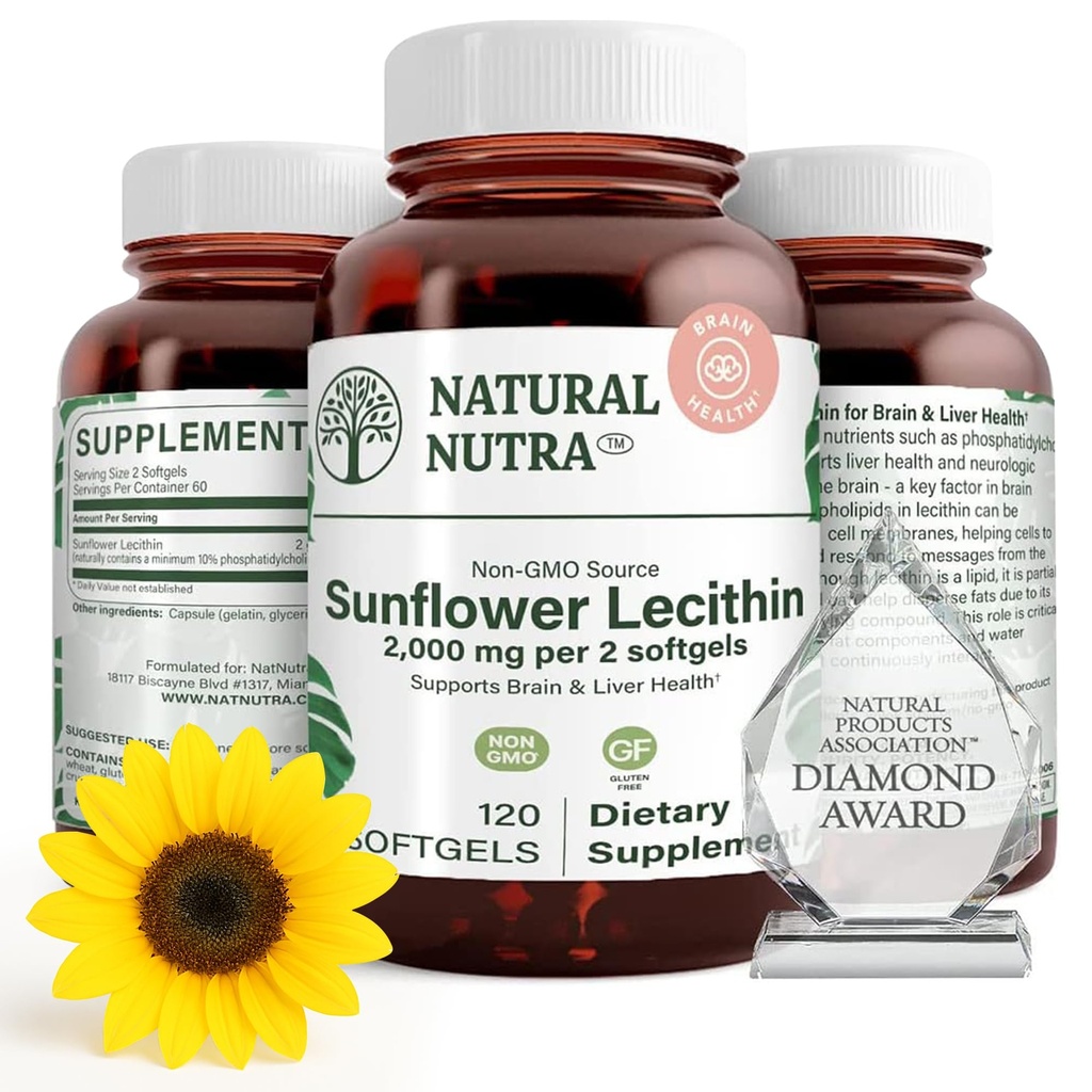 Naravna Nutra sončnični lecitin 2000 mg Dopolnilo, Podpira Dojenje mame z vtisnjeno Milk Duct Relief, Jetra in možgani zdravje Booster, Soy Free, Non-GMO, Gluten-free, 120 Softgels (2 paket)