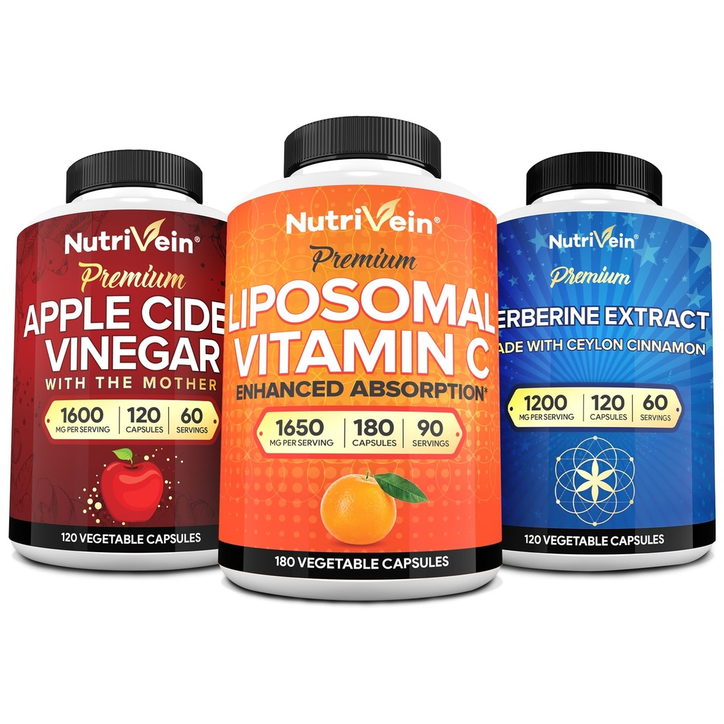 Nutrivein Premium Berberine, Apple Cider Vinegar, & Liposomal Vitamin C dopolnilo: visoko-Absorpcija Vitamin C Kapsule, ACV kapsule, in Berberine dodatek za wellness in imuniteto