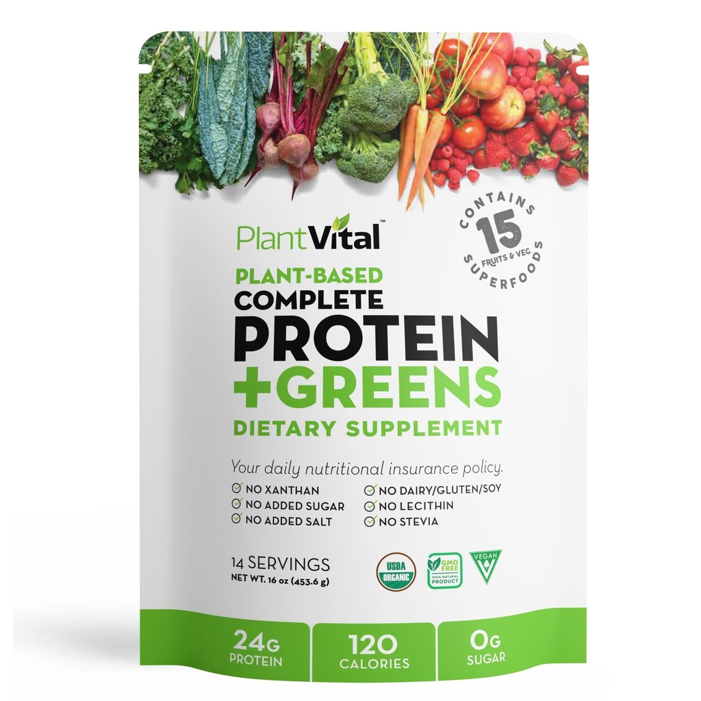 Plantvital Unflavored Organic Vegan Protein Powder - 15 Superfoods, Zelenjava in probiotiki - Organski rastlinski beljakovinski prah - Vse BCAA, Gluten Free - 16oz - 1 vrečka