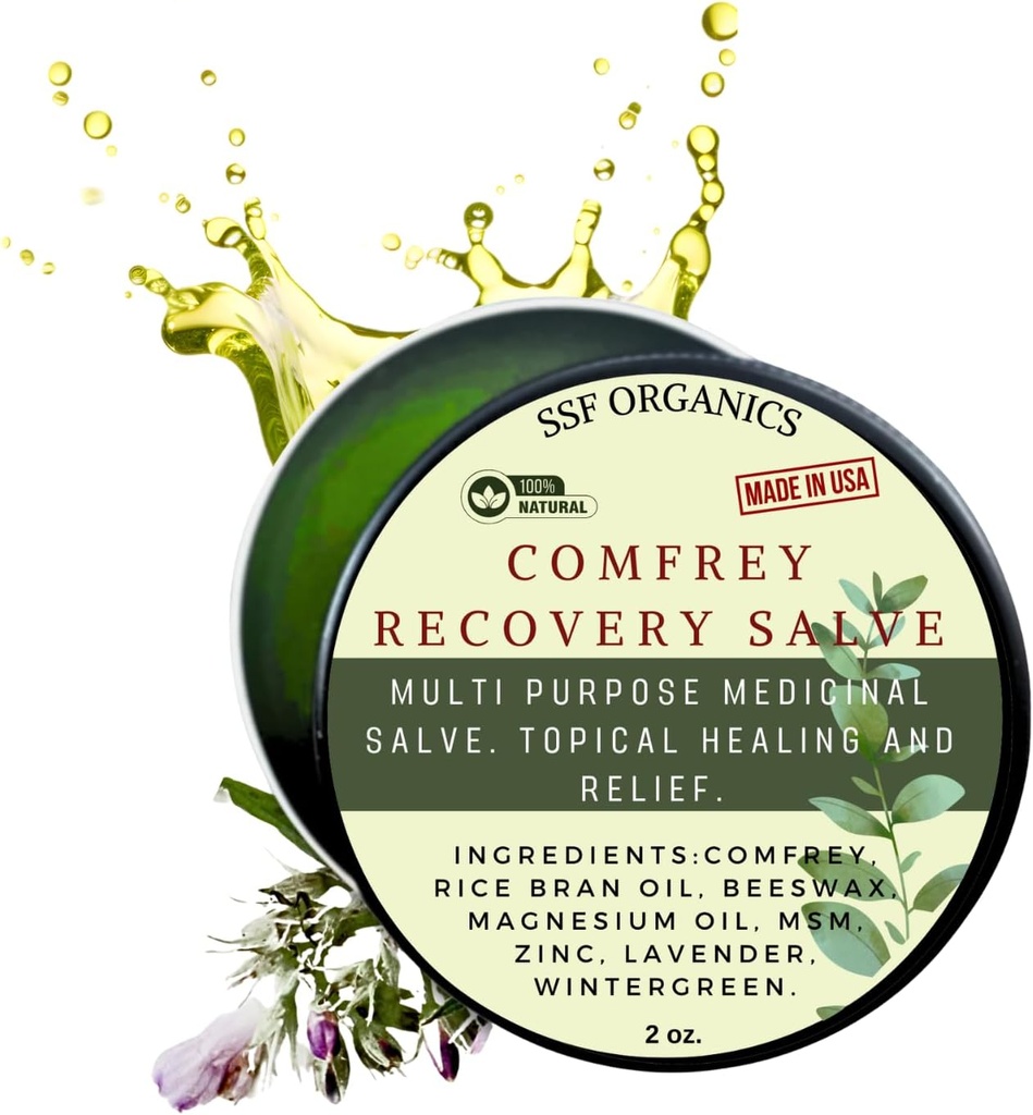 SSF Organics Comfrey Recovery Salve. Organski zeliščni balzam za kosti, mišice, sklepe, kolena, kožo, otekanje in Tattoo Care. Rokodelstvo, počasi infundiranje. Brez kemičnih polnil. 2 oz