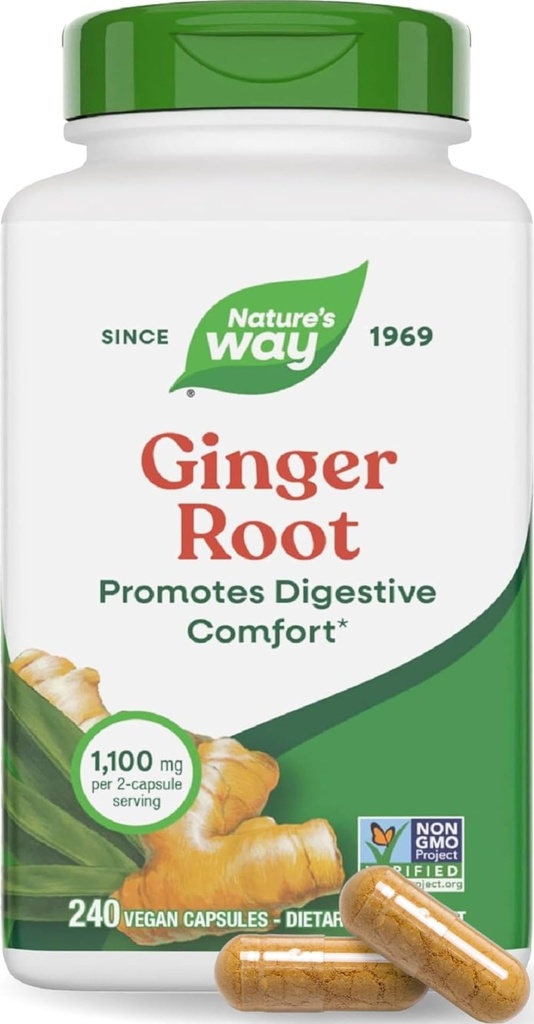 Naravne ingverjeve korenske kapsule 550 mg na kapsulo, Prebavni Comfort * zmanjša gibanje povezano slabost*, 1.100 mg na 2 kapsuli, projekt Non-GMO preverjen, Vegan, 240 Število (Packaging May Vary)