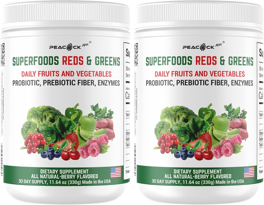 Superfood Reds & Greens Powder - 11.64 oz (Pack of 2), Prebiotiki & Probiotiki za digestivno zdravje, Super Greens Powder z Ashwagandha, Antioksidanti, Vegan, Non-GMO