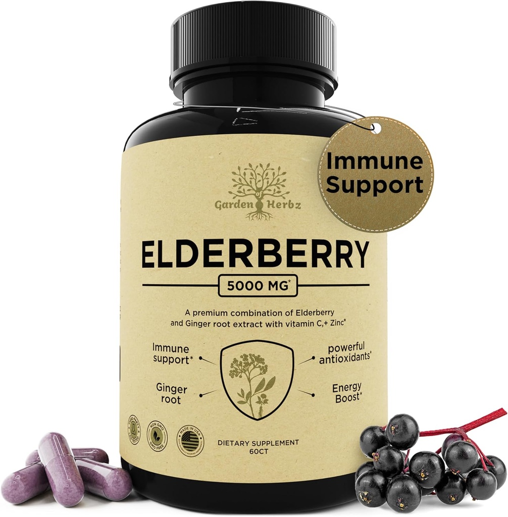 Bezgove jagode z vitaminom C, cinkom, & ingver – močan imunski ojačevalec 5000 Mg Bezgove jagode, cink, & vitamin C – ne-GMO Immunity Vitamini za odrasle, da bi vam pomagali občutek Vibrant, 60 Caps.
