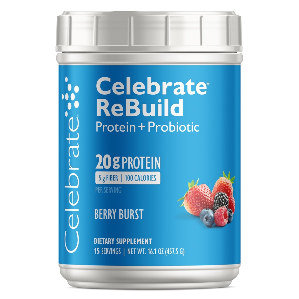 Praznujte vitamine Rebuilding Protein Powder s probiotiki in prebiotiki - 20g sirotkinih izolatov, visoko vlaknin, za bolnike po bariatrični kirurgiji - Berry Burst (15 Servingov)