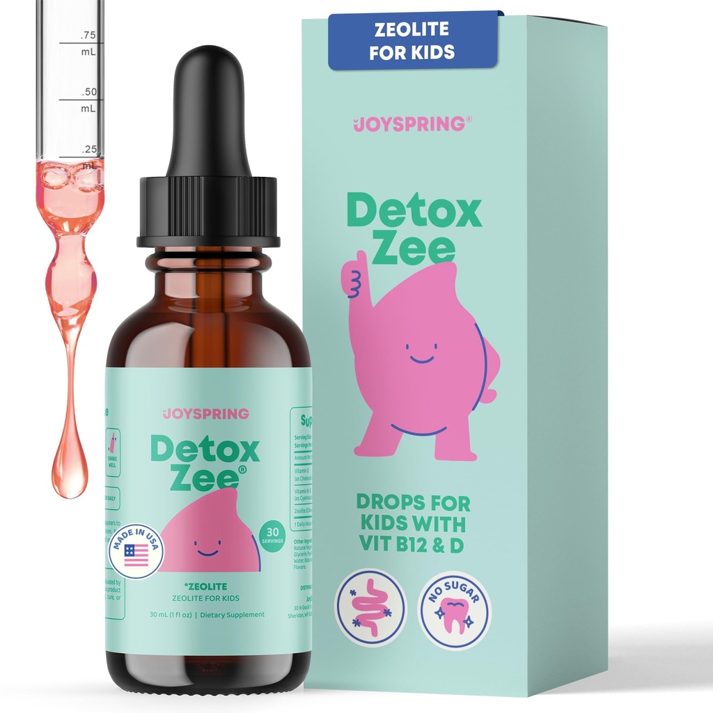 JoySpring DetoxZeolit Kapljice za otroke – klinoptilolit z vitaminom D3 & cianokobalamin Vitamin B12 – Naravni jagodni okus Liquid 