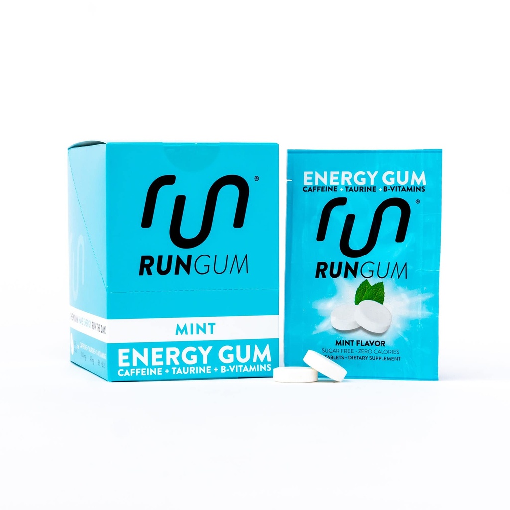 RUN GUM Energy Gum 50mg Kofein Tavrin in B-vitamini na kos, 24 kosov (paket 12), 2 kosa = 1 kava ali energijska pijača, sladkor brez, nič kalorij