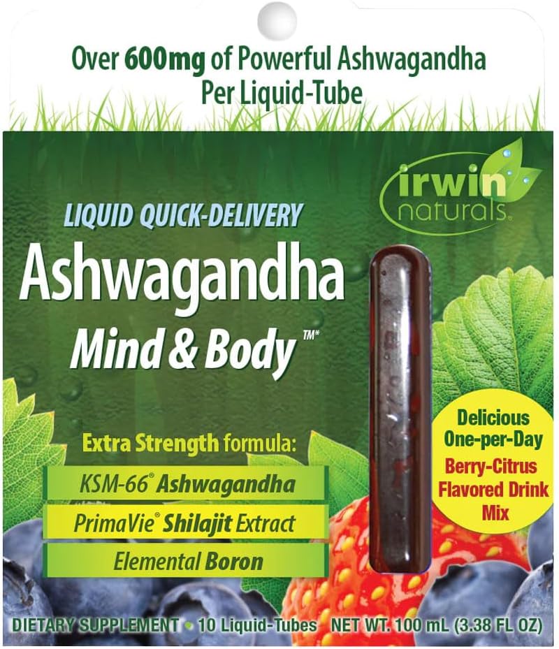 Irwin Naturals Liquid Quick-Dostava Ashwagandha Mind & Body - 10 Liquid-Tubes - Boosts Physical & Mental Performance - En-Per-Day Berry-Citrus Aromed Drink Mix