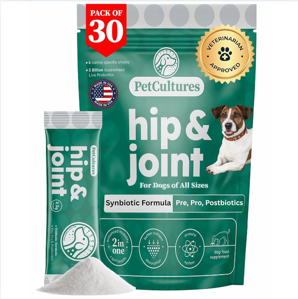 PetCultures Hip & Joint TriBiotic Powder, prehransko dopolnilo za podporo mobilnosti psov s probiotično, prebiotično in postbiotično Plus Glukozamin & Chondroitin - Made in USA