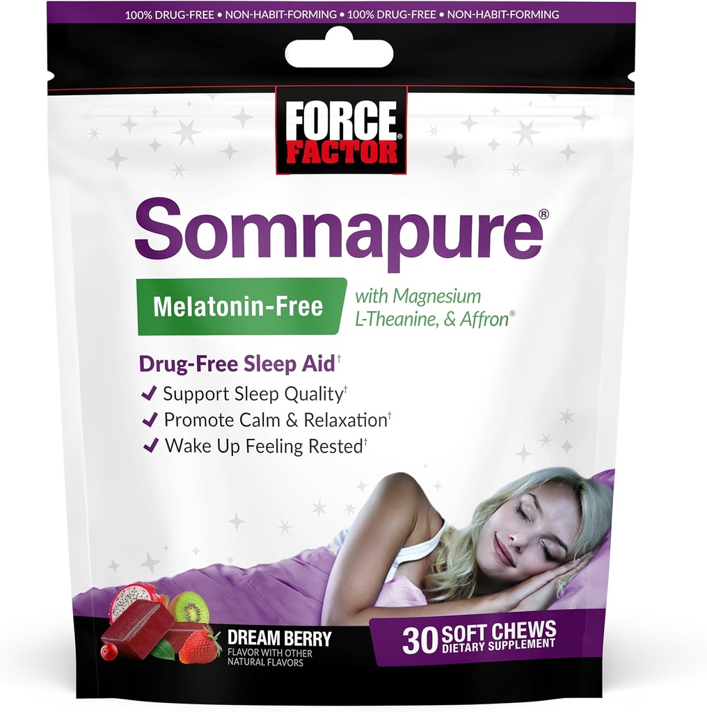 Sila Factor Somnapure Melatonin-free Soft Chews, Pomoč za spanje za izboljšanje kakovosti spanja, Pomoči za spanje za odrasle z Affron, Magnezij, L-Teanin, Kamilica, Lemon Balm, Dream Berry Flavor, 30 Soft Chews