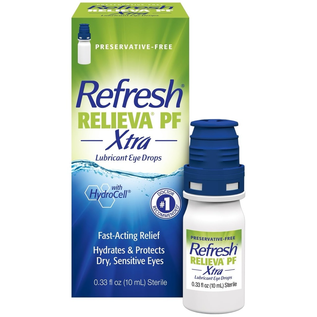 Osvežite zdravilo RELIEVA PF Xtra brez konzervansov Umetne solze Mazalne kapljice za oči, 0,33 fl oz (10 ml)
