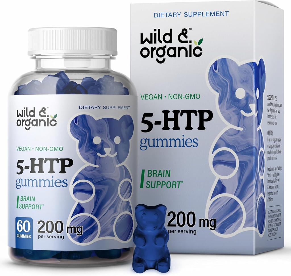 Wild & Organic 5-HTP 200mg Mood Gumies - L-Triptofan za sprostitev in naravni mir - 5 HTP dodatek za podporo možganov - 60 Vegan, Non-GMO 5HTP Gumies