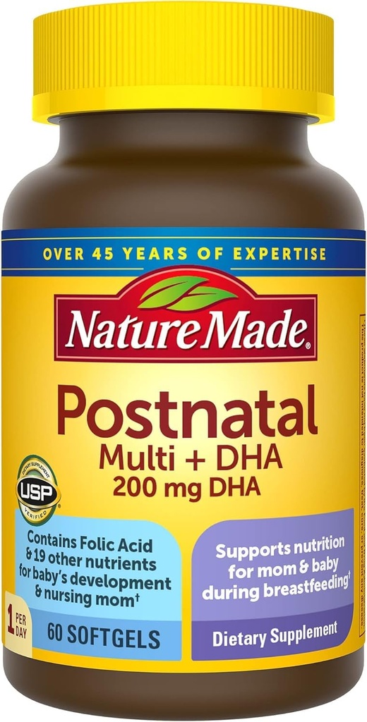 Nature Made Postnatal Multivitamin + DHA 200 mg, 60 Softgels, za podporo zdravstvene nege mame in dojenčki med dojenjem, Postnatalni vitamini in hranila vključujejo železo, vitamin D3, kalcij, jod