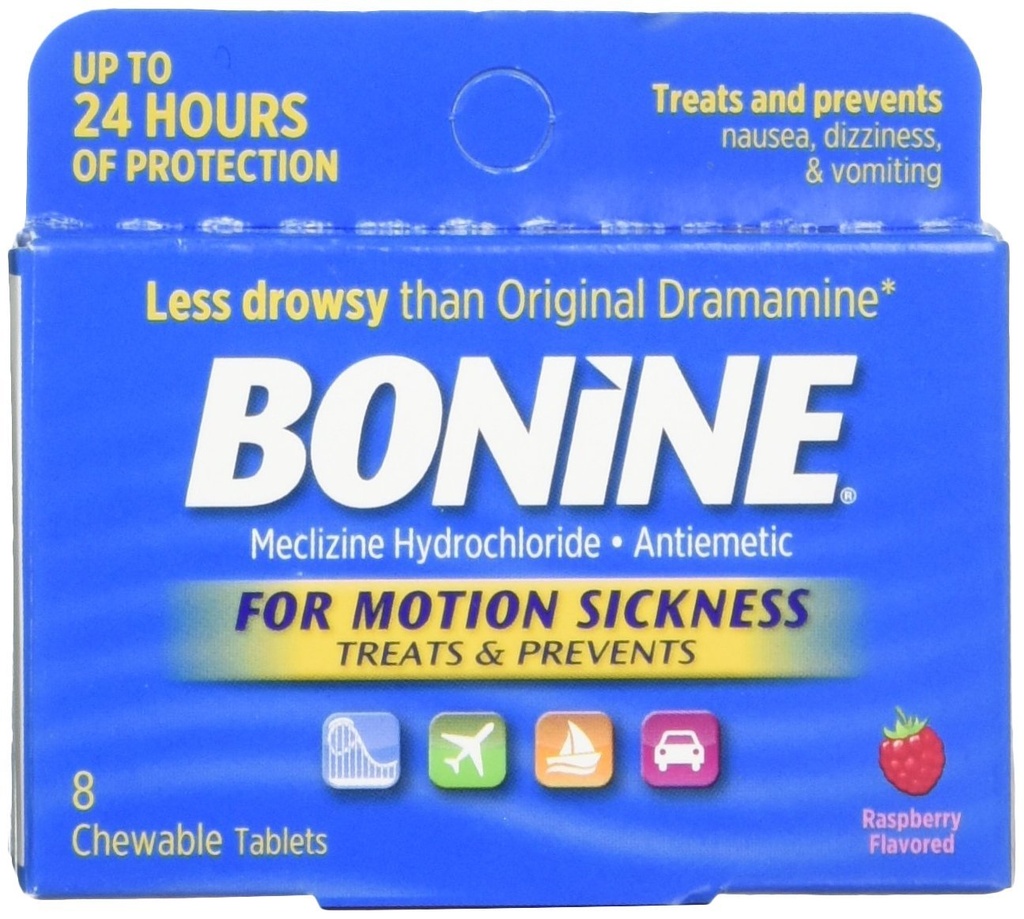 Bonine za gibanje bolezen žvečljive tablete, malina arome, 8 vsak