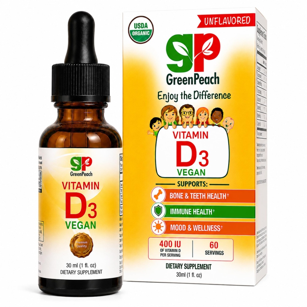 GreenPeach Liquid Vegan Organski vitamin D 400 do 1600 i.e. - D3 kapljice za malčka, otroke, dojenčke in dojenčke, Vitamin D Otroške kapljice, naravni, 60 Servinga