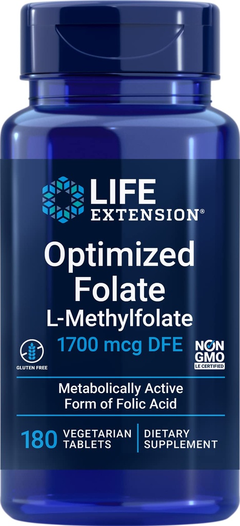 Optimiziran folat za podaljšanje življenja (L-metilfolat) 1700 μg DFE, 180 Veg tablet