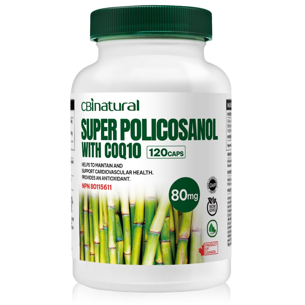 Super sladkorni trs Policosanol 80 mg z CoQ10 30 mg, 120 rastlinskimi kapsulami, podporo srcu in holesterolu, 4-mesečno oskrbo, brez glutena