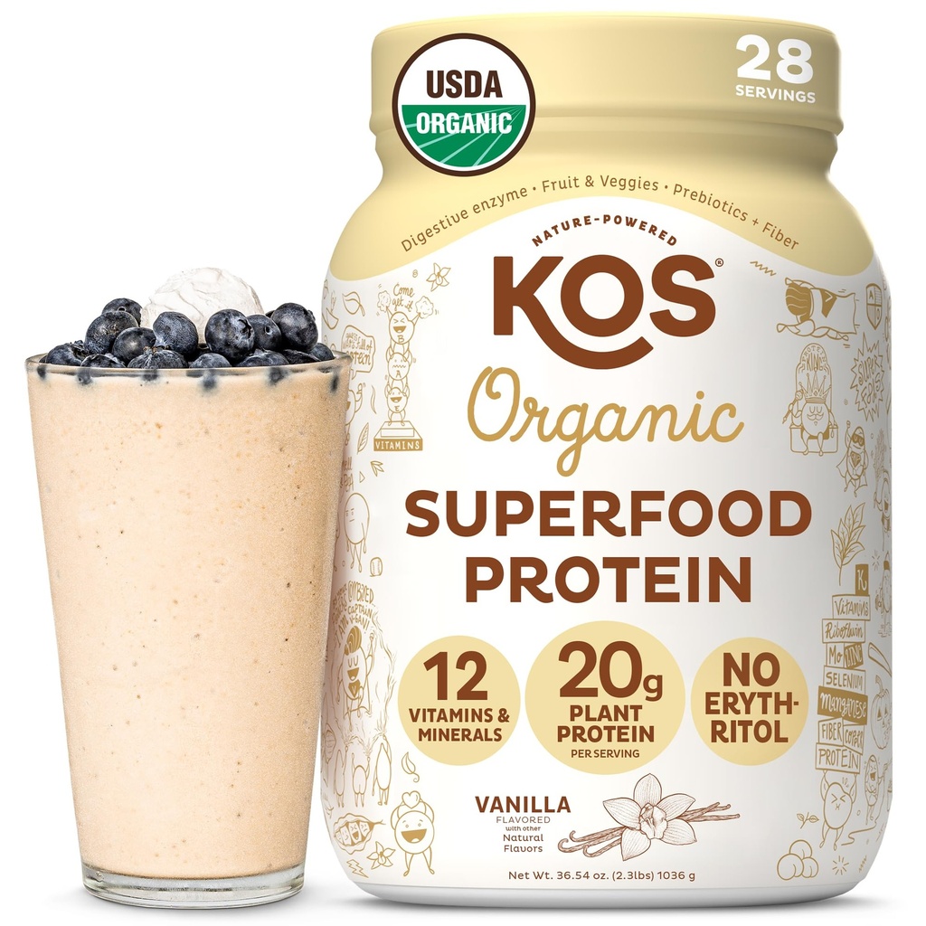KOS Vegan Protein Powder Erytritol Free, Vanilla USDA Organic - Pea Beljakovinska mešanica, rastlinska superhrana bogata z vitamini in minerali - Keto, Dairy Free - Jedilna zamenjava za ženske in moške, 28 Servisi