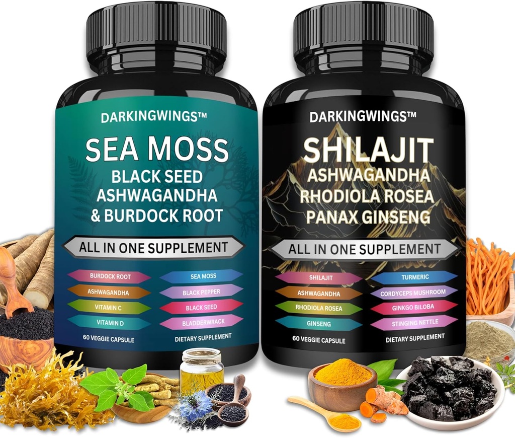 Shilajit in morski mah combo -Sea Moss 3000mg, Black Seed Oil 2000mg, Ashwagandha 2000mg, Shilajit 9000mg, Rhodiola Rosea1000mg,Panax Ginseng1500mg 