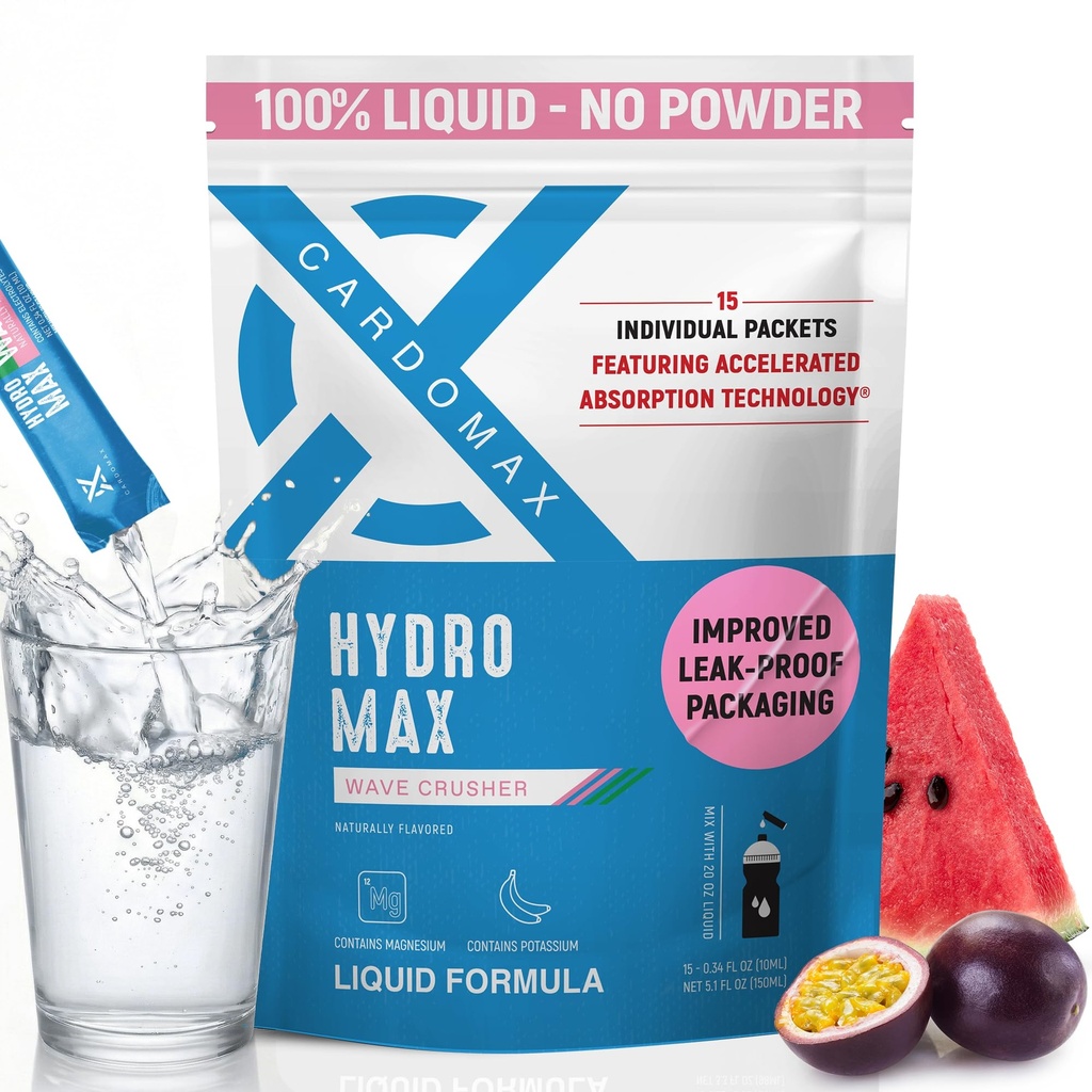 CardoMax Hydration Packets - Hydromax Electrolyte Drink Mix Packets with Sodium, Magnesium, & Potassium - Vegan & Keto-Friendly, Electrolyte Drink Mix - 15 Liquid Hydration Sticks, Wavecrusher