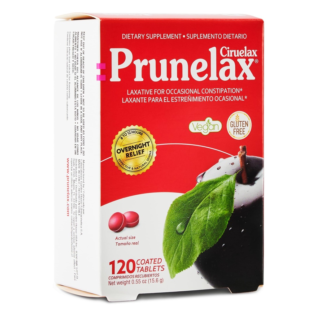Prunelax Ciruelax Redna moč Laksativne mini tablete - nočna olajšava za občasno zaprtje, izvleček Senne, vegan & gluten-free, nežna pomoč - 120ct