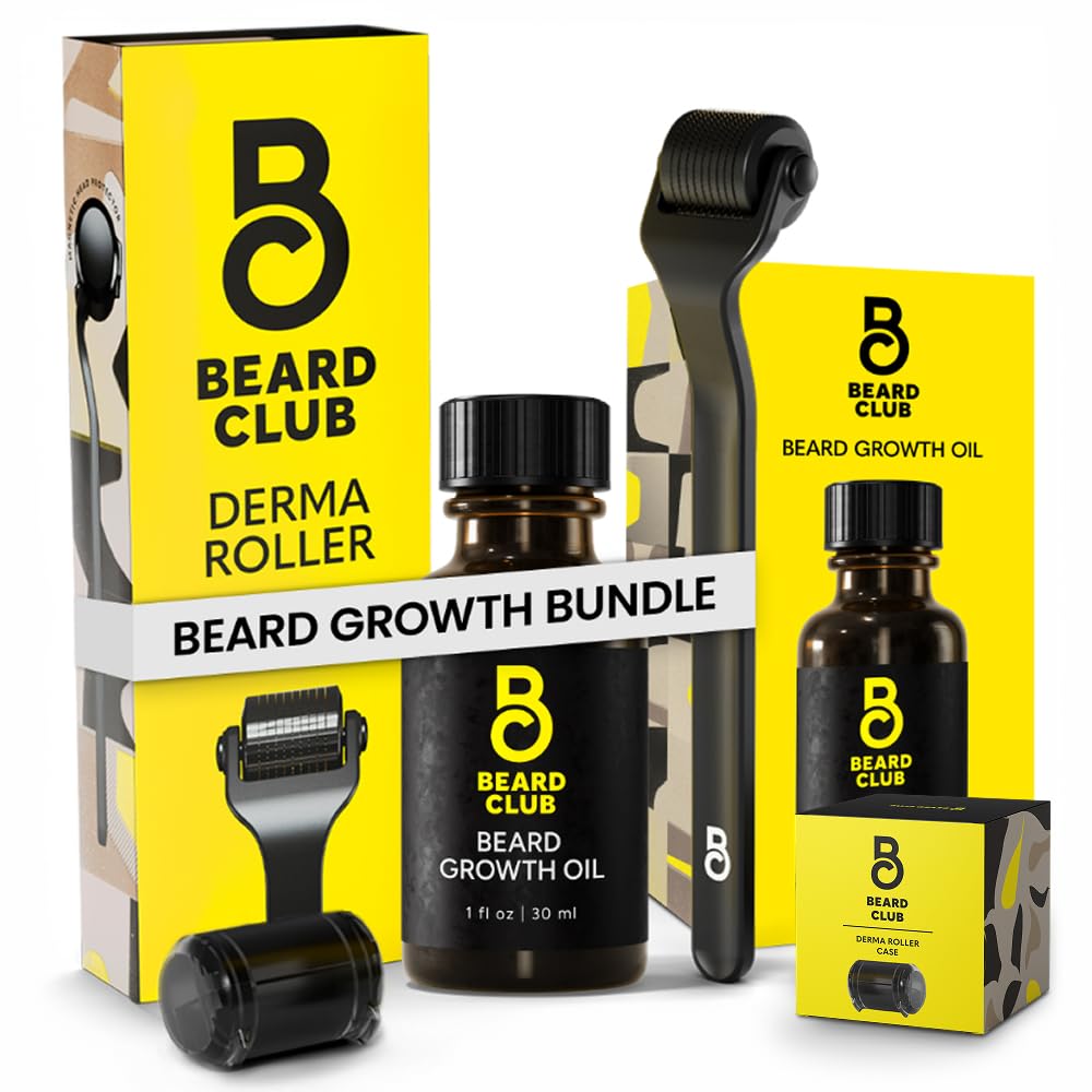 Beard Club Premium Derma Roller & Brada rastno olje - Mikroneedling Roller s 540 Titanium Mikroneedles za obraz, telo in skalp - Brada Roller s Sandalwood & Cedar Beard olje