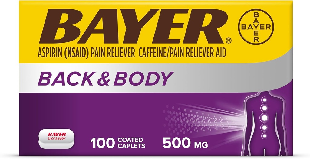 Bayer Back & Body Extra Jakost Aspirin, 500 mg Obložene tablete, hitro lajšanje bolečine, Bolečina Reliever s 32,5 mg kofeina, 100 Število